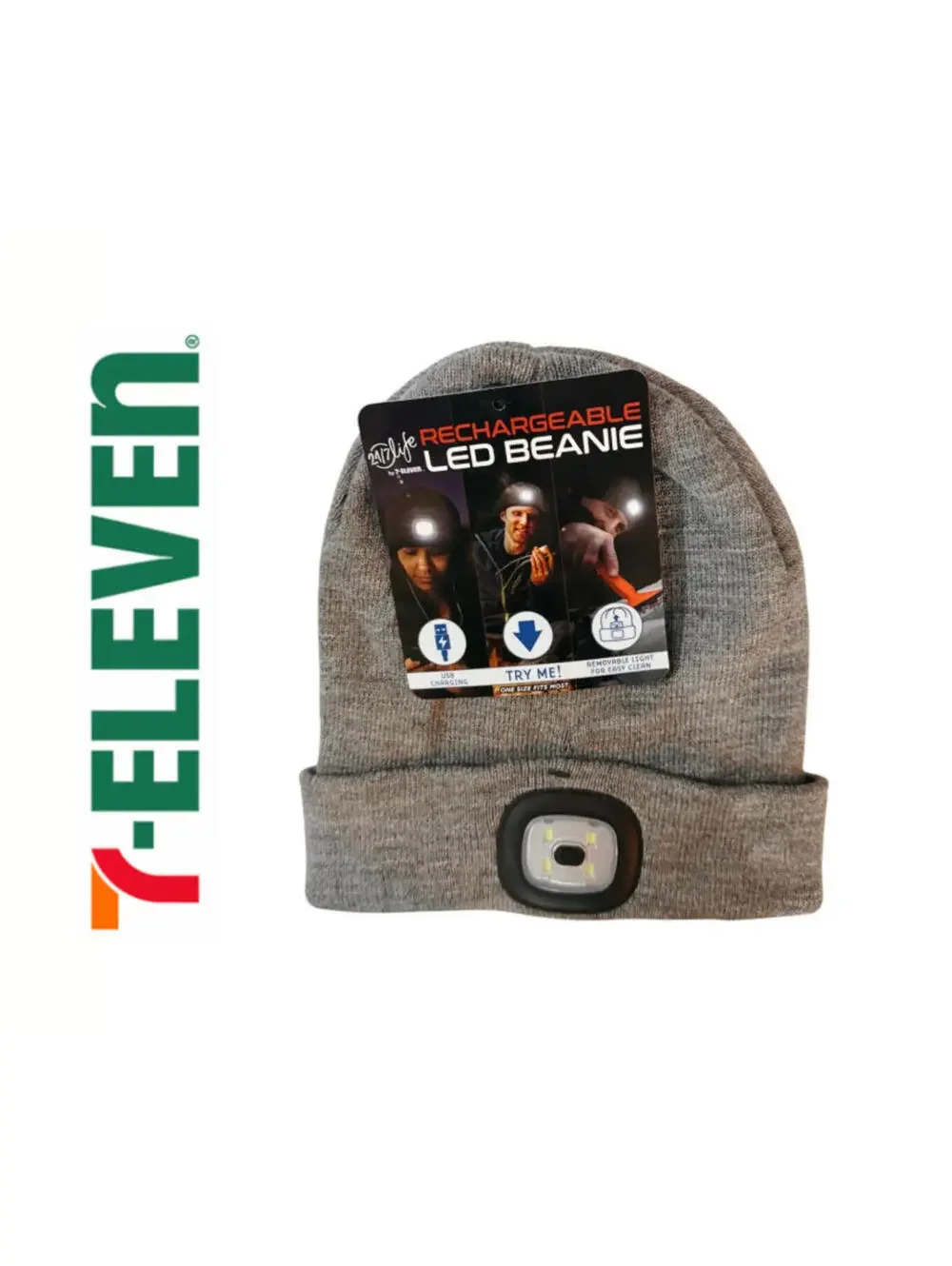 (RB) 24/7 Life 7Eleven Rechargeable LED Beanie Hat USB Light 3 Modes Gray Winter